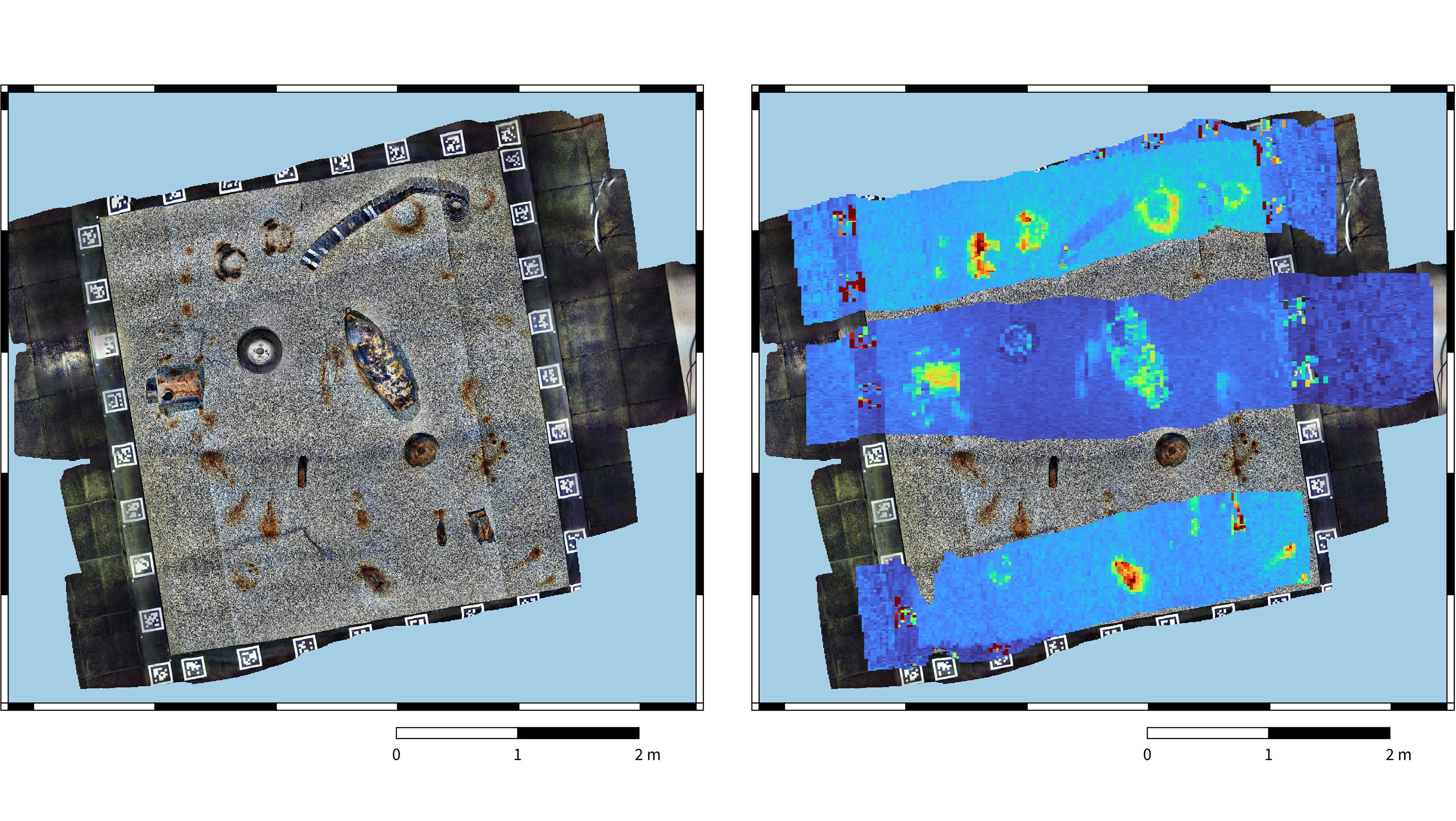 Left: Geo-referenced high-resolution orthophoto. Right: Orthophoto with corrosion patterns